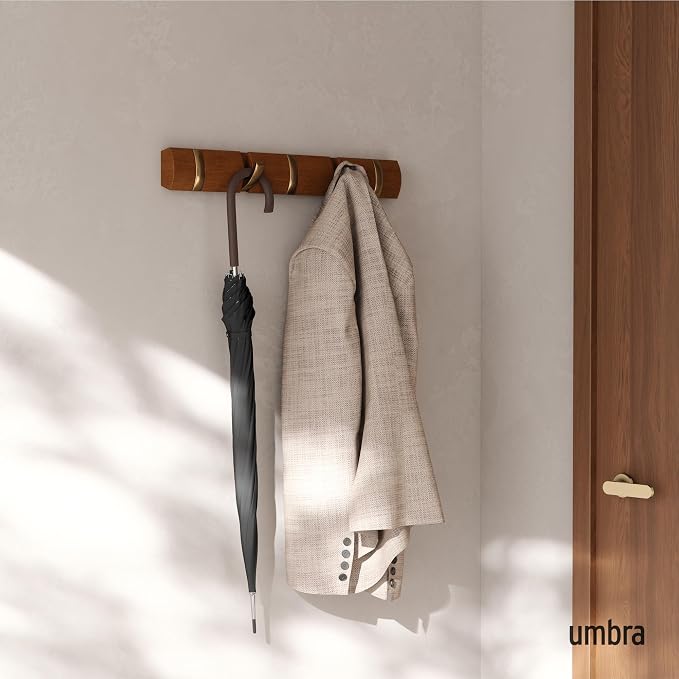 Umbra Flip Coat Rack, Wall Mounted 5-Hook Space Saving, Walnut/Gold | Real wood and steel build, retractable hooks fold flat, holds coats bags and scarves, easy install - Image 2