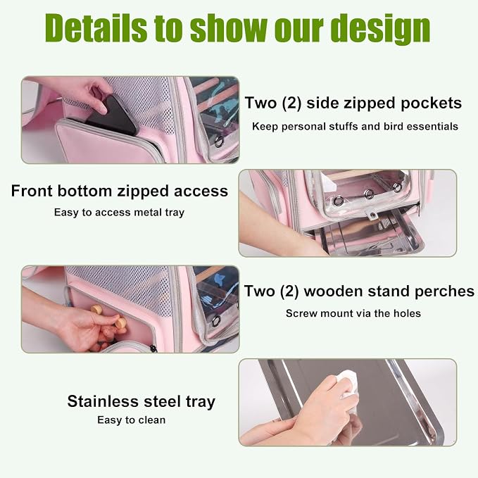 Parrot Carrier Backpack with Front Zipper Opening, Bird Travel Carrier Cage with Standing Perches and Metal Tray, Breathable Portable Transport Bag for Parakeet, Budgie, Conure, Cockatiel, Parrot - Image 7