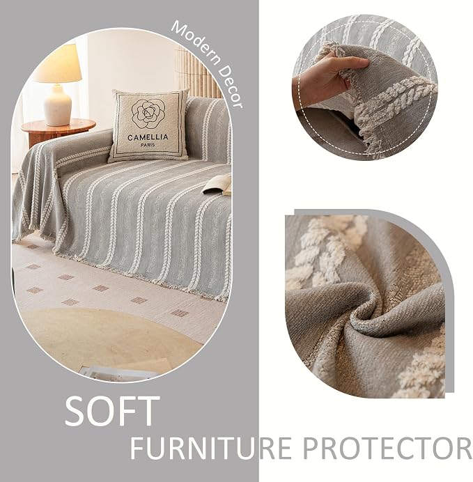 VClife Chenille Sofa Cover Bohemian Striped Pattern Couch Cover for 2 Cushion Sofa - Gray Creamy White Textured Sofa Slipcover Washable Furniture Protector for Couch Decorative Couch Cushion Cover - Image 7