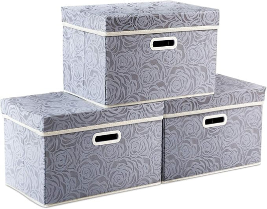 PRANDOM Collapsible Storage Boxes with Lids Fabric Decorative Storage Bins Cubes Organizer Containers Baskets with Cover Handles Divider for Bedroom Closet Living Room 14.9x9.8x9.8 Inch 3 Pack by Prandom