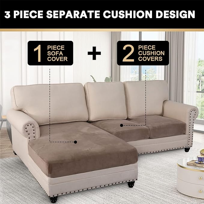 PrinceDeco Sectional Couch Covers 3 Pieces Velvet Sofa Covers L Shape Soft Couch Covers for Sectional Sofa Corner Sofa Cover Couch Cover for Dogs Washable (2 Seater + 1 Chaise,Taupe) - Image 3
