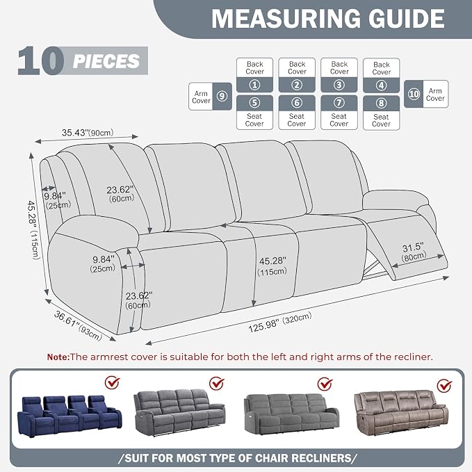 vctops Diamond Recliner Sofa Covers 10-Pieces Stretch Large RV Couch Covers for 4 Seats Reclining Slipcovers Soft Solid Furniture Protector (Light Grey,4 Seat) - Image 2