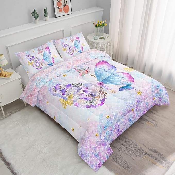 Cartoon Butterfly Comforter Set Watercolor Butterfly Printed Bedding Set with 1 Comforter and 2 Pillowcases for Boys and Girls Bedroom All Season(Butterfly Full) - Image 2