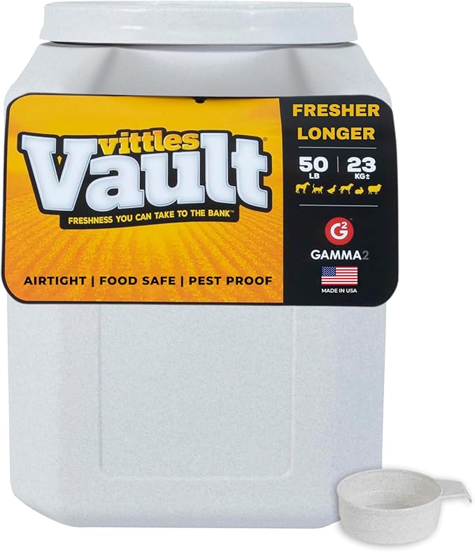 Vittles Vault Traditional Pet Food Storage Container For Dog Kibbles/Bird Seed/Oatmeal/Rice/Flour/Cereal, BPA Free Plastic, Sealed Airtight For Cat Food, Up To 50 lb, Made in USA, With Scoop, Gray by Gamma2