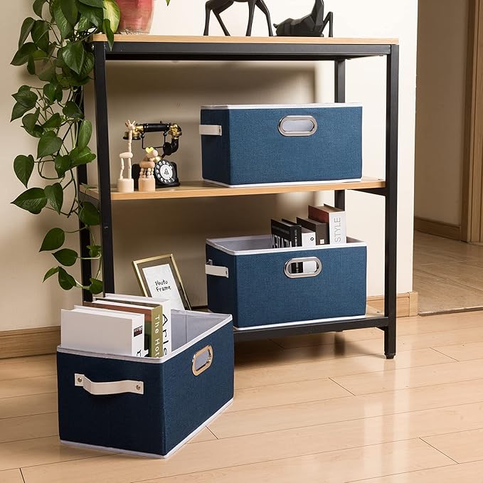 PRANDOM Fodable Storage Baskets for Closet [5-pack] Decorative Fabric Storage Bins Cubes with Leather/Metal Handles for Shelves Bedroom Living Room Royal Blue (11.5x8.5x6.7 Inch) - Image 3