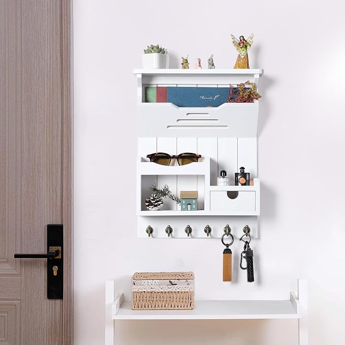 DOPACE Handcrafted Pine Wood Mail Organizer & Key Holder, White | Hand-polished natural pine wood with storage drawer & 6 hooks, Fine spray paint finish, Easy wall mount - Image 6