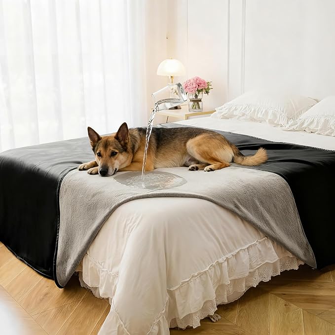 Waterproof Blanket - Reversible Dog Throw as Furniture Protector | Soft Velvet & Flannel, TPU Leak-Proof Liner, Machine Washable, Fits Couch and Bed, 82" x 108", Black/Lightgrey by TuffeelHome