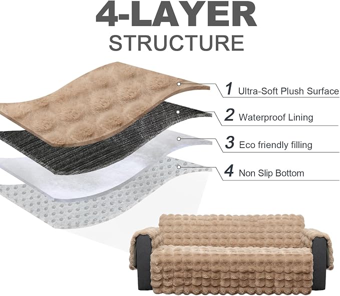 Plush and Fuzzy Shaggy Couch Cover, Dog Pad Faux Fur Sofa Cover, Water Resistant Slipcover, Non-Slip Furniture Protector for Kids,Dogs,Cats.(Light Brown-Bubble, Medium-XL Loveseat) - Image 3