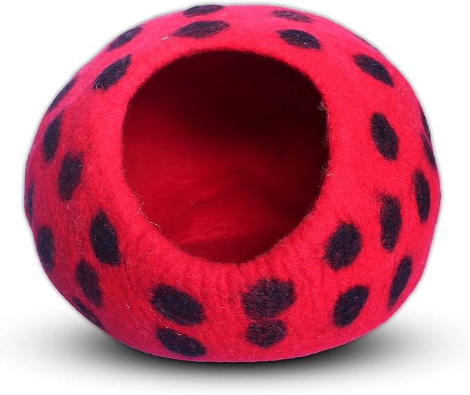 Woolygon Premium Felt Cat Cave Bed – Wool Kitty Beds Handcrafted Kitten Caves Bed for Indoor Cats - Made from Merino Wool, Foldable Cat Hideaway Covered Cat House Pod (Red Polka) - Image 5