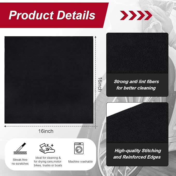 Oudain 200 Pcs Microfiber Cleaning Cloth 16x16 Inch Microfiber Towels for Car Ultra Absorbent Cleaning Rags Reusable Lint Free Streak Free Detailing Towel for Car Washing Drying Dusting (Black) - Image 2