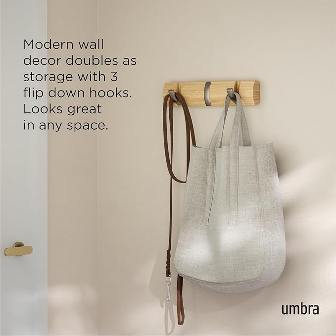 Umbra Flip Coat Rack, Wall Mount Retractable Hooks, 3-Hook, Natural/Nickel | Real wood and steel build, folds flat when not in use, holds coats bags and scarves, easy install - Image 4