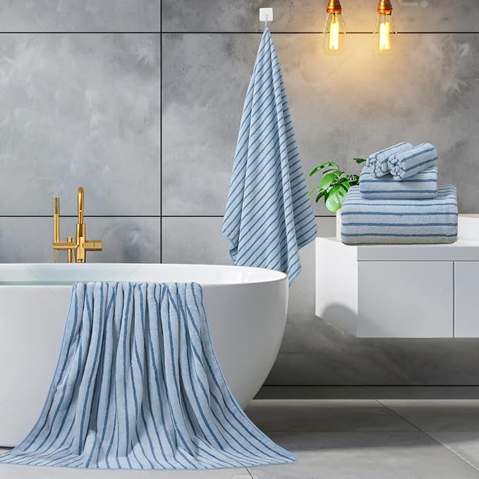 Mistyrose Blue Bath Towels - 8 Pack Large Absorbent Microfiber Set - 2 Oversized Bath Sheets, 2 Hand Towels, 4 Washcloths for Family, Hotel, Spa, Gym - Image 2