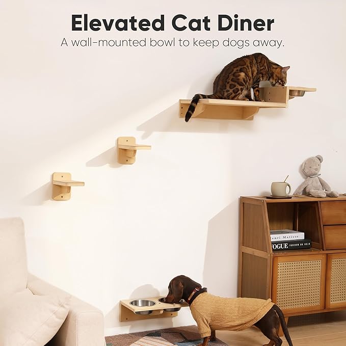 FUKUMARU Cat Wall Shelves, Food Station with 2 Steps | 3 in 1 Cats Walls Furniture Set, Birch Plywood Perch, Suitable for Kitten Play, Nap, Eat, DIY Wall Jungle Gym - Image 2