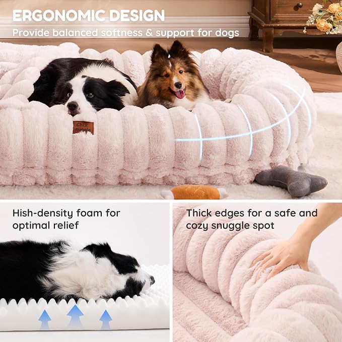ChiXnuggle Orthopedic Human Dog Bed,Striped Faux Fur Washable Cover,Blanket | pink,72*40*10,giant dog bed for adult or extra large dogs,egg crate foam,non-slip bottom - Image 4
