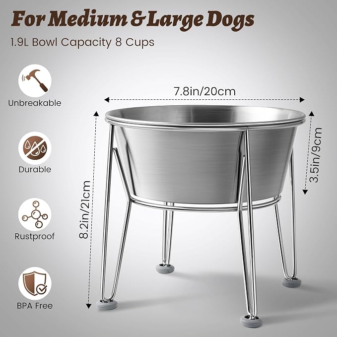 Elevated Dog Bowls for Large & Medium Dogs - Stainless Steel 64oz/8 Cup Raised Feeder with Non-Slip Base, Dual Food & Water Bowls 2-Pack - Image 2