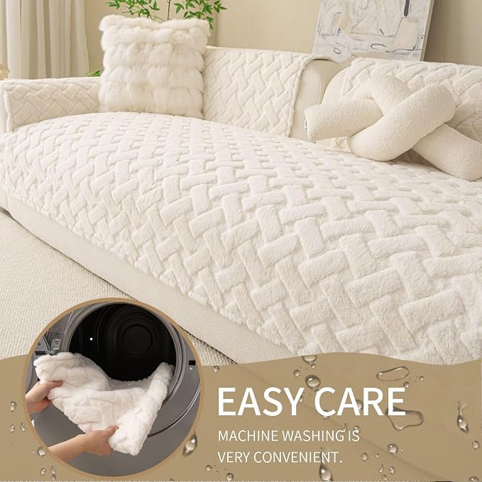 Waterproof Dog Bed Cover Non Slip Couch Cover for Dogs Washable Soft Faux Fur Sofa Cover Couch Covers for 3 Cushion Couch Sofa Pet Friendly (Off White, 34x94.5（1pc）) - Image 4
