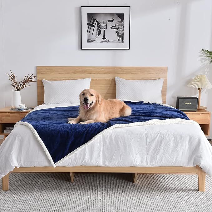 Qeils Dog Blankets for Large Dogs - Waterproof Cat Blanket Washable - Sherpa Fleece Puppy Blanket, Soft Plush Reversible Throw Protector for Bed Couch Car Sofa, 60"X80", Navy Blue by Qeils