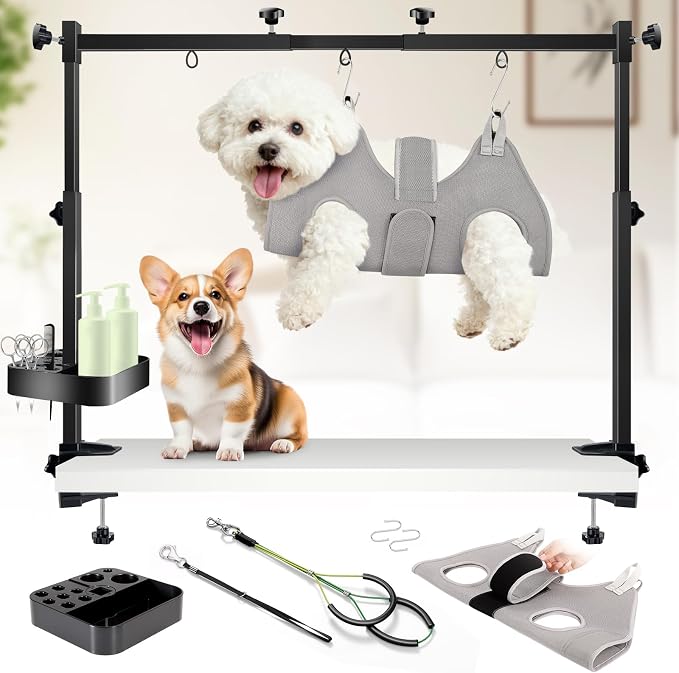 Adjustable Dog Grooming Arm for Table,Dog Grooming Arm with Clamp,32-47 Width&35 Height,Dog Grooming Table for Small Dog,Dog Grooming Station for Home Use Nail Trimming&Drying(Hammock Included) by LanBlu