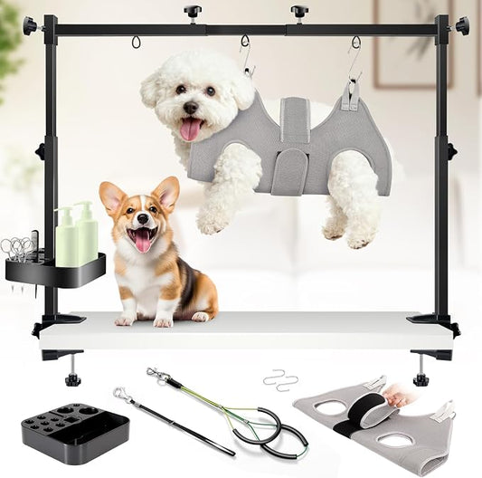 Adjustable Dog Grooming Arm for Table,Dog Grooming Arm with Clamp,32-47 Width&35 Height,Dog Grooming Table for Small Dog,Dog Grooming Station for Home Use Nail Trimming&Drying(Hammock Included) by LanBlu
