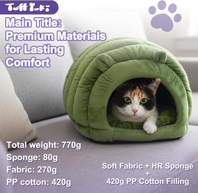 Cat Cave Bed, Orthopedic Memory Foam Anti Anxiety Cat Bed for Indoor Cats, Cozy Plush Caterpillar Tunnel Cat Bed, Non Slip Pet Bed Fits Cats Up to 15 lbs, Green - Image 4