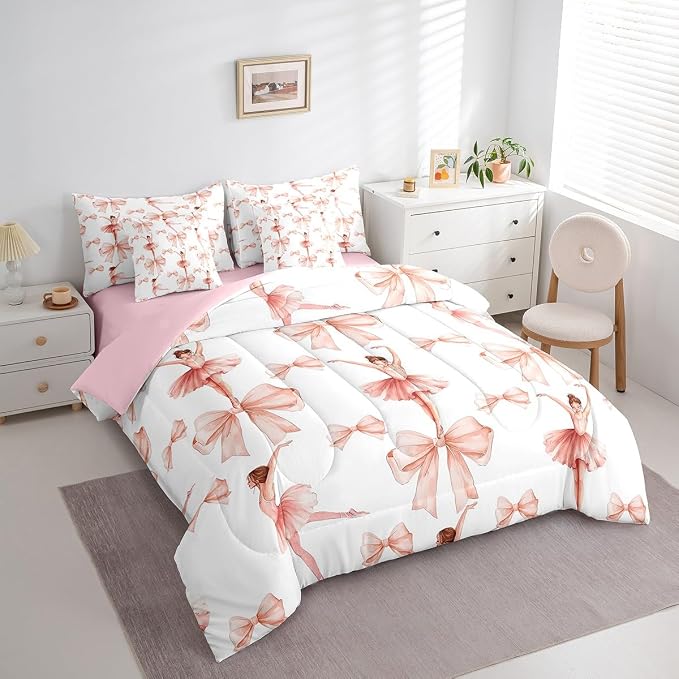 Erosebridal 7 Piece Girly Bowknot Kids Comforter Set Queen Bed in a Bag,Dreamy Princess Style Bedding Set for Kids Teens Adult,Ballet Girls Dancing Quilt,Elegant Watercolor Bow Tie Dancer Sheet Set - Image 3