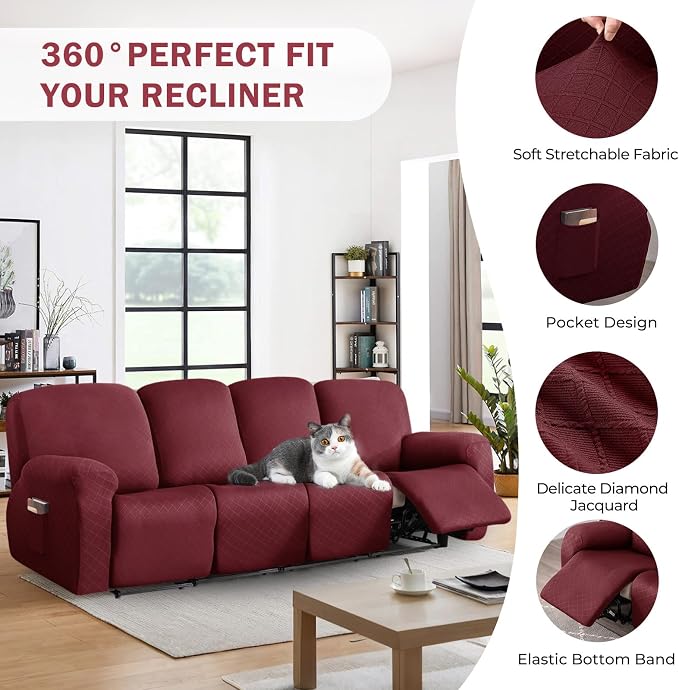 vctops Diamond Recliner Sofa Covers 10-Pieces Stretch Large RV Couch Covers for 4 Seats Reclining Slipcovers Soft Solid Furniture Protector (Wine Red,4 Seat) - Image 4