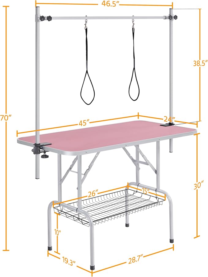 Yaheetech 46'' Pet Grooming Table for Large Dogs Adjustable Height - Portable Trimming Table Drying Table w/Arm/Noose/Mesh Tray Maximum Capacity Up to 265Lb -Pink - Image 3