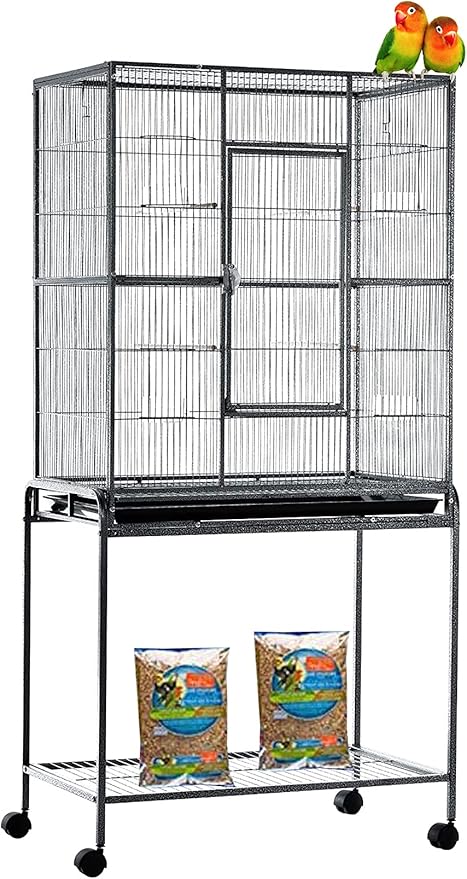 54" Large Sturdy Wrought Iron Breeding Flight Canary Parakeet Cockatiel Lovebird Finch Cage Side Nesting Box Doors with Removable Rolling Stand Storage Shelf by Mcage