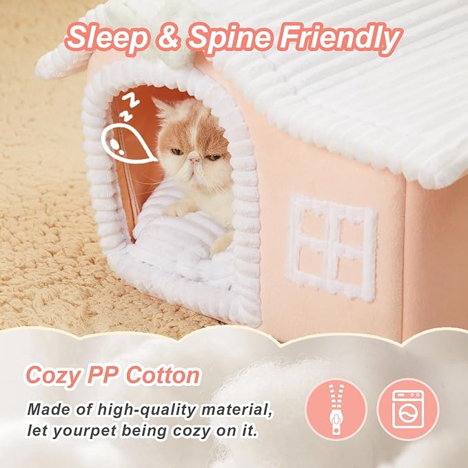 Jiupety Rabbit Cat Houses for Indoor Cats, Chimney Cute Cat Bed Cave, Enough Interior Space, Cartoon Soft Pet House Up to 3-10 lbs Kitten, Pink - Image 3