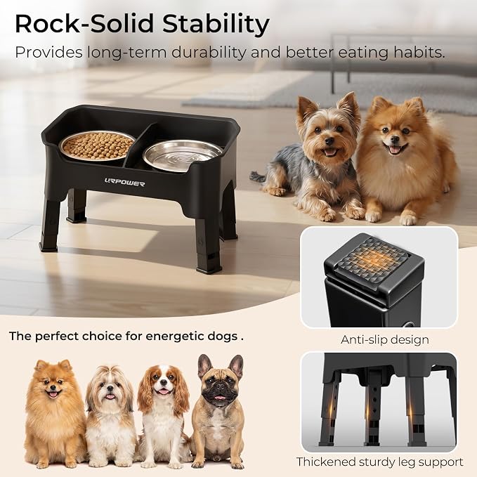 URPOWER Mess Proof Elevated Dog Bowls for Small Dogs with Splash Guard | 4 Height Adjustable Raised Stand with 2 Stainless Steel Food Bowls & Licking Plate for Small, Medium & Large Dogs - Image 6