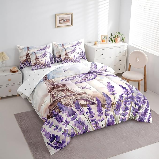 Feelyou Eiffel Tower Twin Size Comforter Set with Sheets Paris 7 Piece Bedding Set for Kids Girls Teens Toddler Purple Dragonfly Bed in a Bag Romantic Art Bed Set - Image 2