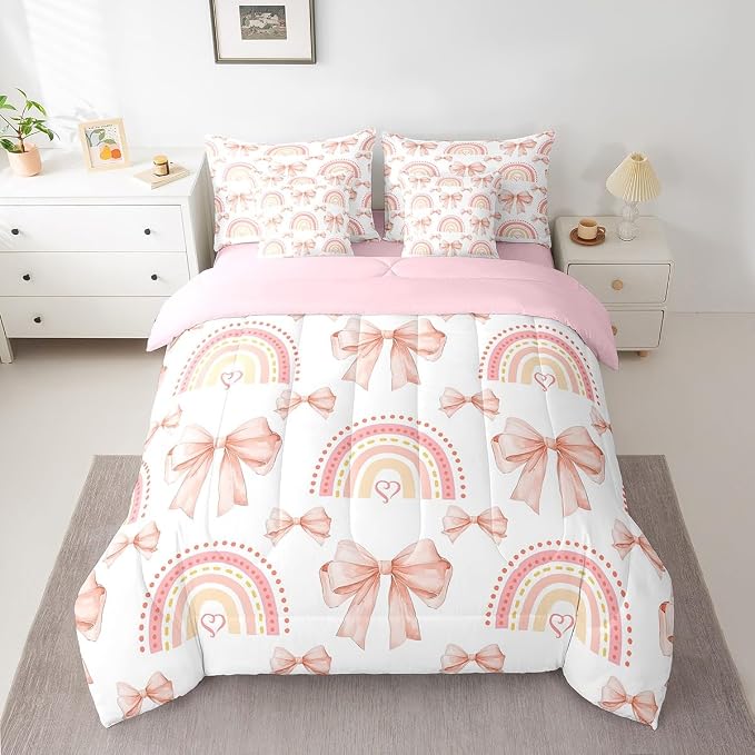 Erosebridal 7 Piece Rainbow Bowknot Bedding Set for Teens,Dreamy Princess Style Kids Girls Comforter Set Full Bed in a Bag,Romantic Valentine Day Sheet Set,Bow Tie Heart Shaped Duvet Insert - Image 2
