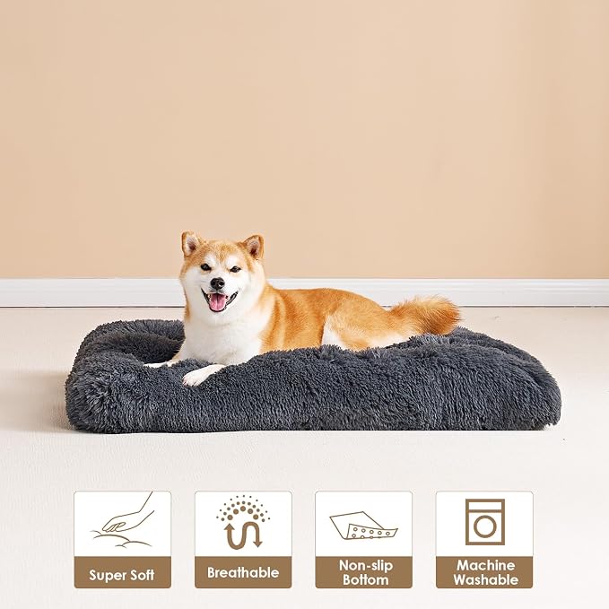 EHEYCIGA Fluffy Dog Crate Bed for Large Dogs, Plush Faux Fur Pad, Dark Grey | Calming Anti Anxiety Large Dog Crate Bed, Washable Soft Warm Mat with Non-Slip Bottom - Image 7