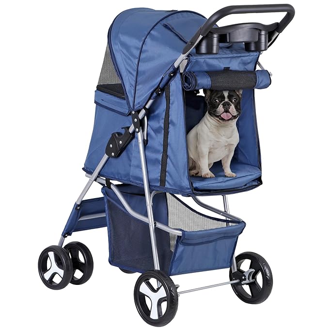 Pet Stroller 4 Wheels Dog Cat Stroller for Small Medium Dog Cats Carrier Jogger Travel Foldable Puppy with Storage Basket and Cup Holder (Navy Blue)