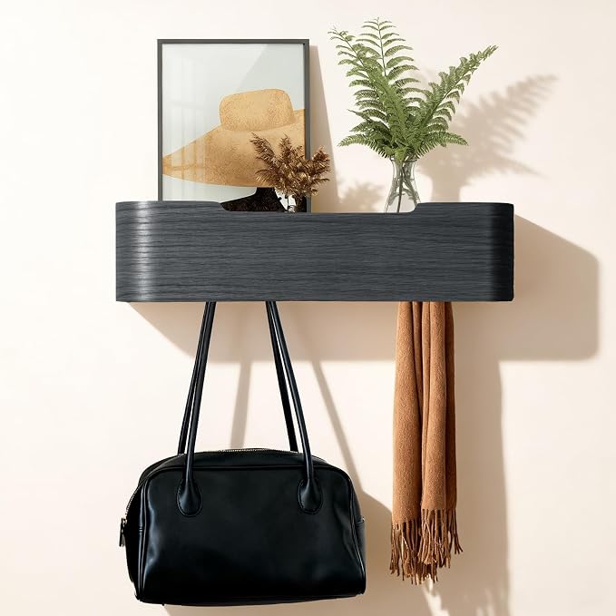 Coat Rack Wall Mount with Shelf Entryway Shelf Modern Key Holder Hanger Wall Shelves with Hidden Hooks for Hanging Towels Coats Hats Bags for Hallway Bathroom Bedroom(Black, 4 Hooks) by FURNAWAY