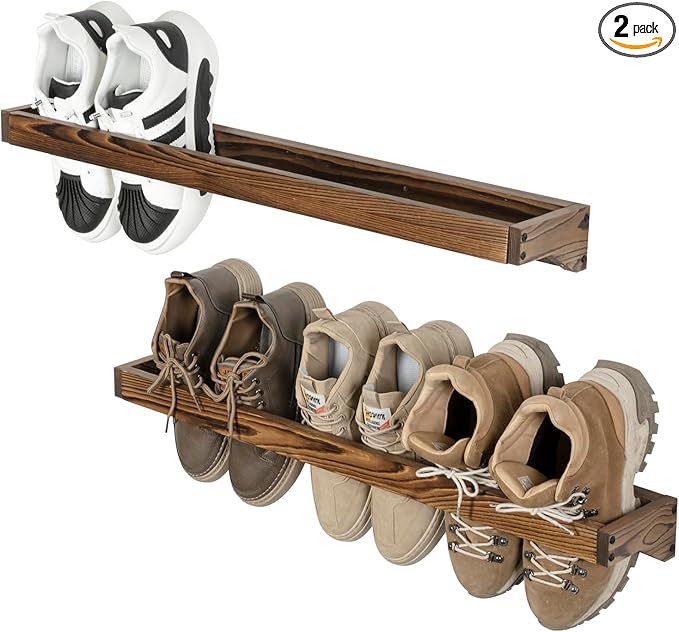 MyGift 30 Inch Rustic Burnt Wood Hanging Shoe Rack Wall Mounted Storage | Holds 6 Pairs, Two Piece Set, Space Saving Solution, Easy Installation, Home Organization, Rustic Interior Accent by MyGiftHome