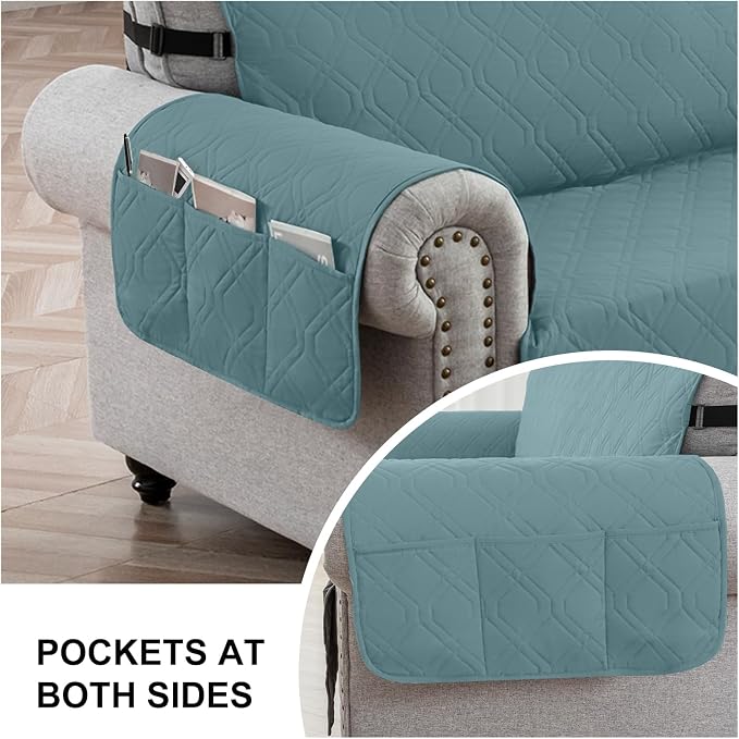 100% Waterproof Quilted Couch Cover,Straps&Pockets,78" Grayishblue | Washable sofa cover, pet-friendly, scratch-resistant furniture protector, quilted sofa cover, reversible, non-slip backing. - Image 5