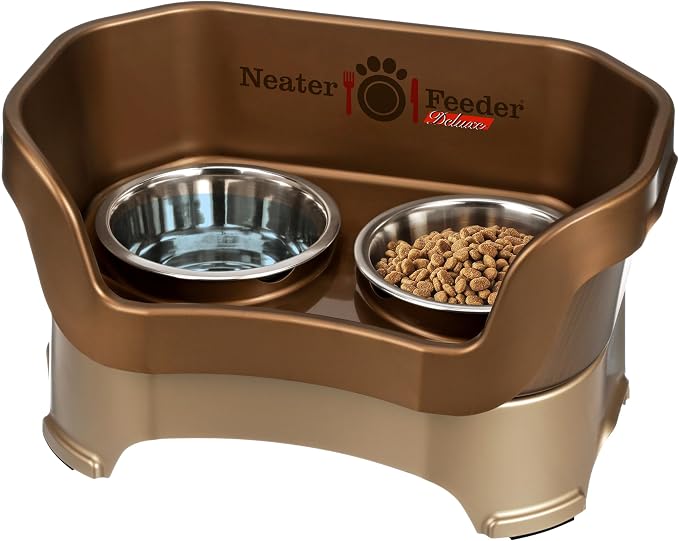 Neater Pet Brands Neater Feeder Deluxe Mess Proof Dog Bowls Elevated for Medium Dogs 19-40 lbs, Made in USA, No Spill Raised Dog Food Bowl Stand Feeding Station, Food and Water Bowl Set, Bronze by NeaterPetBrands