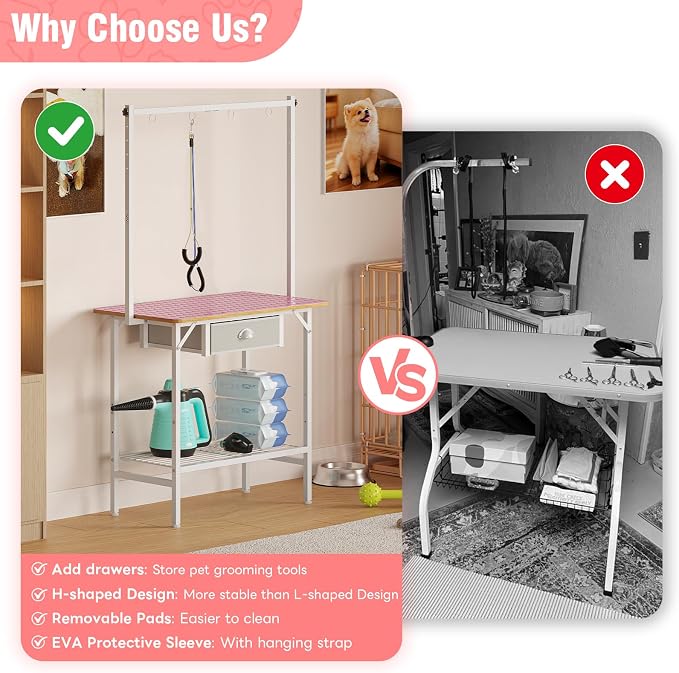 32-Inch Adjustable Dog Grooming Table with Drawer & Mesh Tray, Pet Grooming Table with Non-Slip Removable Washable Mat & EVA Protective Lanyard, Professional Grooming Table for Small Dog at Home（Pink - Image 7