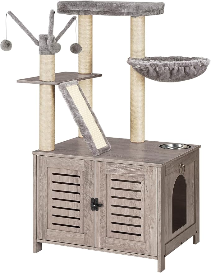 HOOBRO Cat Tree with Litter Box Enclosure, 44" Tall Wooden Cat Tower with Scratching Posts, Cat Hammock, Hidden Litter Box Furniture, All-in-One Indoor Cat Condo, Greige BG48MZ03 by HOOBRO