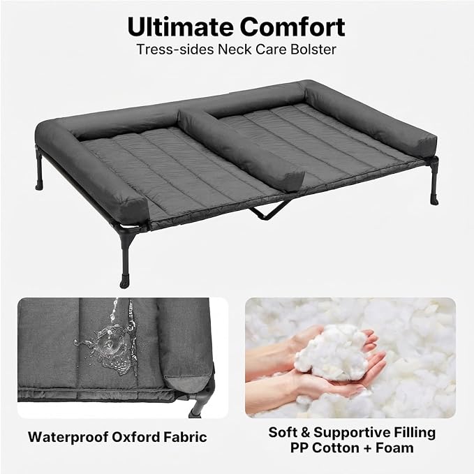 Veehoo Elevated Dog Bed for Two Dogs, Cooling Raised Dog Bed with Removable Waterproof Bolster Mat, 49" x 33" Double Dog Bed, Outdoor & Indoor Pet Cot with Breathable Mesh, Non-Slip Feet, Bicolor - Image 3