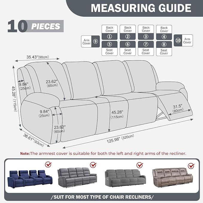 vctops Diamond Recliner Sofa Covers 10-Pieces Stretch Large RV Couch Covers for 4 Seats Reclining Slipcovers Soft Solid Furniture Protector (Grey,4 Seat) - Image 2