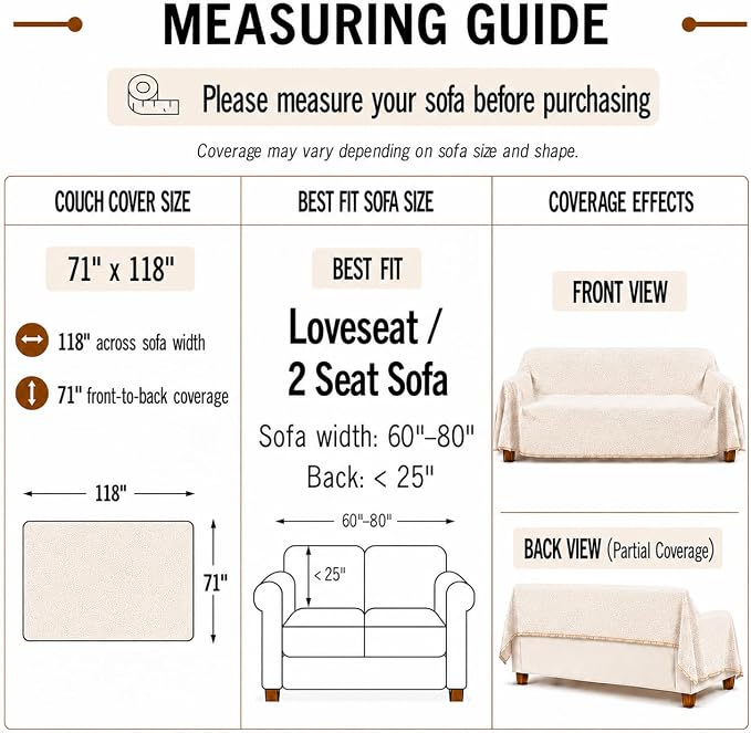 Couch Covers for Sofa, Couch Cover for Dogs, Water Resistant Non Slip Washable Chenille Sofa Cover, Loveseat Covers with Storage Bag, Pet Furniture Protector 71 x 118 Inches Cream White - Image 3
