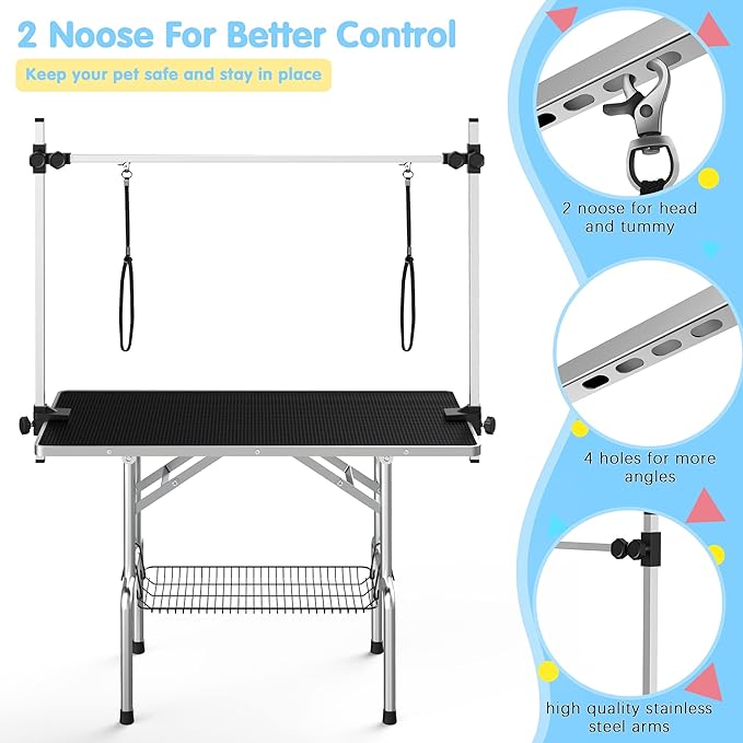 Lyromix 36'' Foldable Dog Grooming Table with Arms/Nooses/Mesh Tray, Black | Stainless Steel Grooming Table for Dogs at Home, Adjustable Pet Bathing Station, Non-Slip Waterproof Tabletop, Capacity 330Lb - Image 2