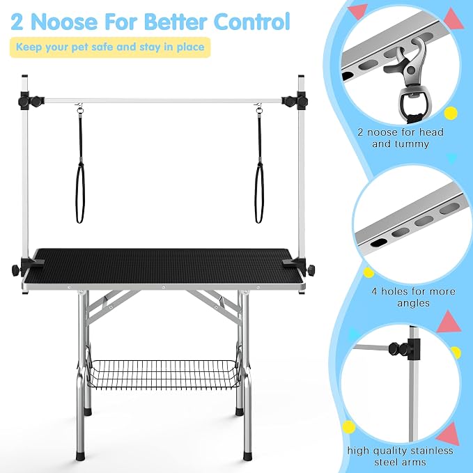 Lyromix 36'' Foldable Dog Grooming Table with Arms/Nooses/Mesh Tray, Black | Stainless Steel Grooming Table for Dogs at Home, Adjustable Pet Bathing Station, Non-Slip Waterproof Tabletop, Capacity 330Lb - Image 2