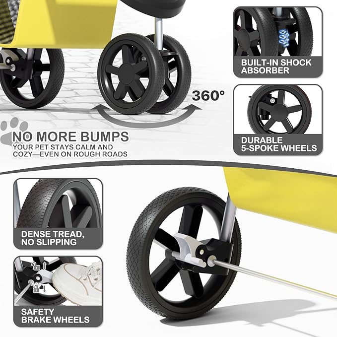 MoNiBloom Foldable Pet Stroller with Waterproof Cover, 3-Wheels Dog Strolling Cart for Small/Medium Dogs and Cats with Storage Basket and Cup Holder, Breathable and Visible Mesh for All-Season, Yellow