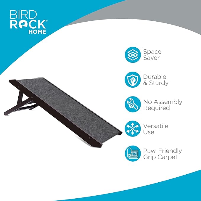 BIRDROCK HOME Adjustable Pet Ramp for Small Dogs, Cats, Puppies - Foldable Wooden Dog Ramp for Couch, Bed, Car - Indoor or Outdoor- Safe, Portable, Non-Slip Carpet - 16", Espresso