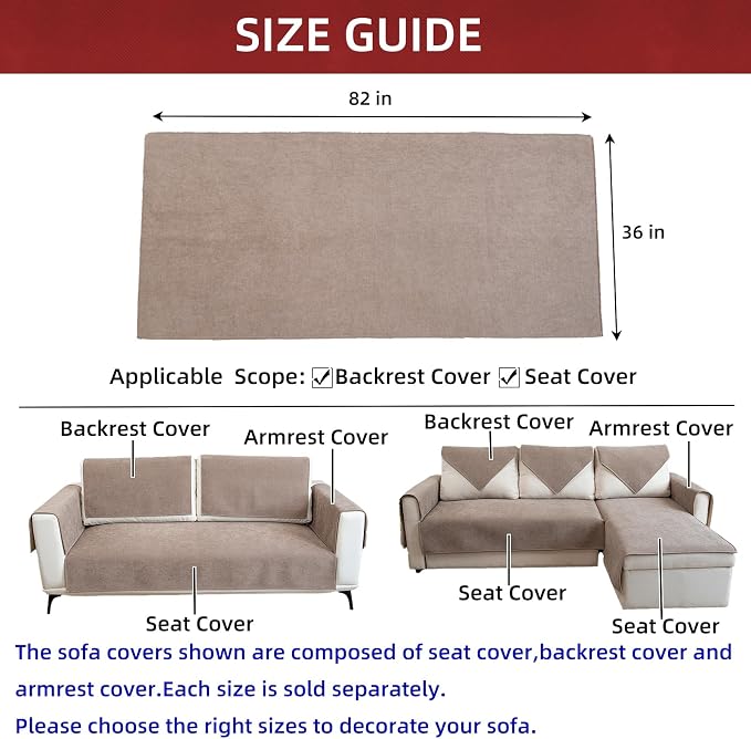 Couch Cover Sectional Couch Covers Non Slip Sofa Covers Washable for 3 Cushion Couch L Shaped Couch Protector Sofa Slipcovers for Kids Dogs Pets,Chenille,Camel,36''x82''(Only 1 Piece) - Image 3