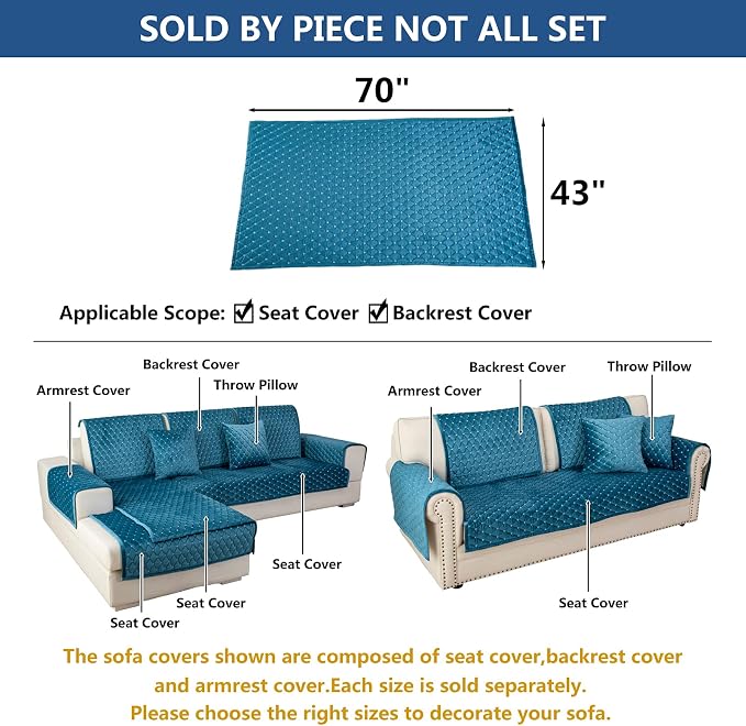 Eismodra Couch Cover,Sectional Couch Covers,Sofa Covers for 3 Cushion Couch,Anti-Slip Sofa Slipcovers for Dogs Cats Kids Loveseat Recliner L Shaped Armrest Backrest,Blue 43''x70''(Only 1 Piece) - Image 5