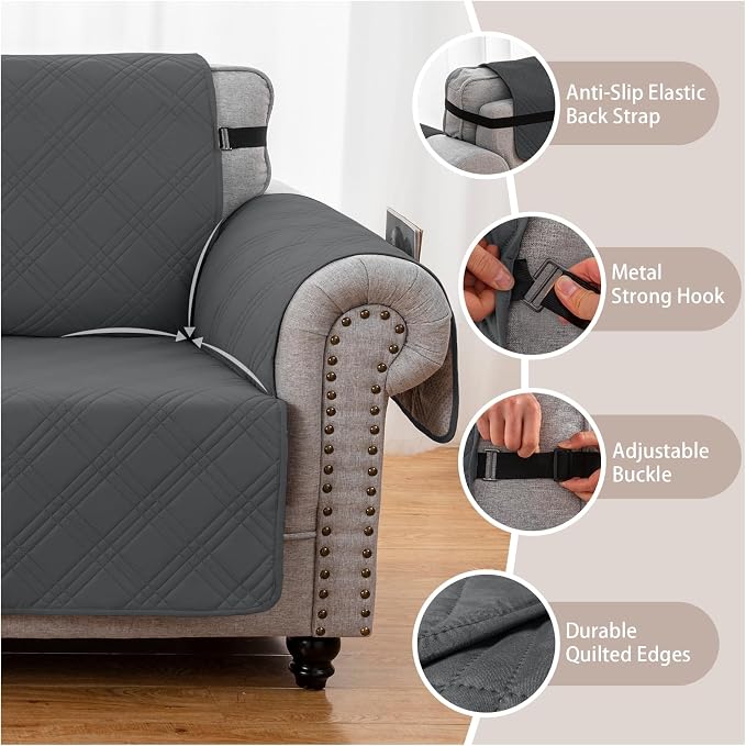 100% Waterproof Couch Cover for Dogs, Anti-Slip Washable Sofa Cover with Elastic Straps & Side Pockets, Durable Furniture Protector for Kids, Pets & Dogs (Armchair 23", Blackish Gray) - Image 5